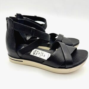 Eileen Fisher Leather Wedge Sandal Black Sz 7 Open Toe Espadrille Casual Comfort